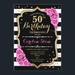 50th Birthday Invitation Pink Black White Stripes<br><div class="desc">50th Birthday Invitation
Elegant black white pink design with faux glitter. Black and white stripes with pink roses. Perfect for an elegant birthday party.</div>