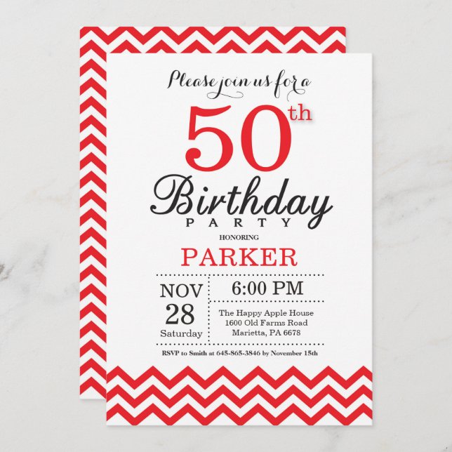 50th Birthday Invitation Red Chevron (Front/Back)