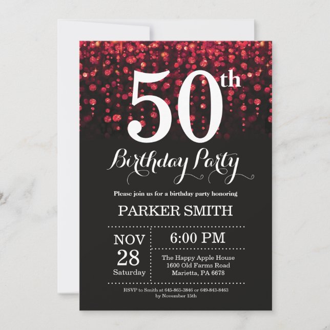 50th Birthday Invitation Red Glitter (Front)