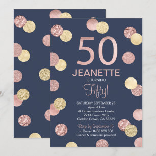 50th Birthday Invitation Rose Gold and Navy