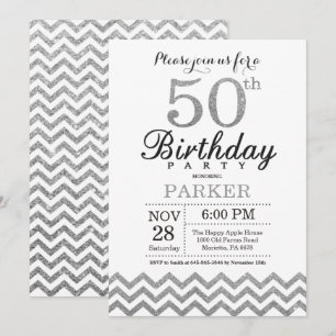 50th Birthday Invitation Silver Glitter