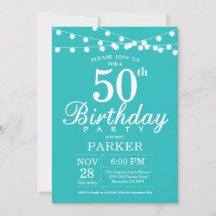 50th Birthday Invitation Teal Aqua Turquoise