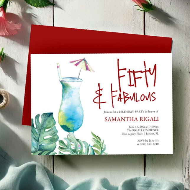 50th Birthday Invitation Tropical Cocktail (50th birthday invitations tropical cocktail and palm leaf watercolor art by Victoria Grigaliunas)