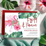 50th Birthday Invitation Tropical Flamingo<br><div class="desc">Cute 50th birthday invitations feature a watercolor pink flamingo and botanicals. The words "Fifty and Fabulous" are set in fun hand lettered type. A charming choice for a Hawaiian Luau themed party. Order printed cards or printable birthday party invitations. To see more fiftieth birthday party invitation templates visit www.zazzle.com/dotellabelle Unique...</div>