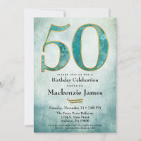 50th Birthday Invitation Turquoise Blue Gold Adult
