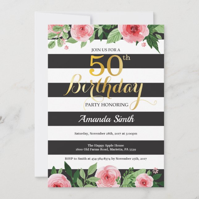 50th Birthday Invitation Women. Floral Gold Black (Front)