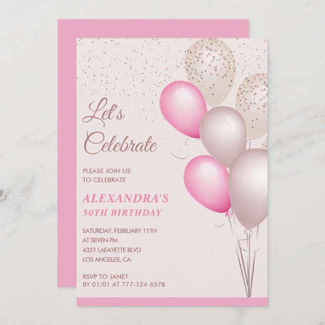 50th birthday invitations Balloons Pink Confetti (Front/Back)