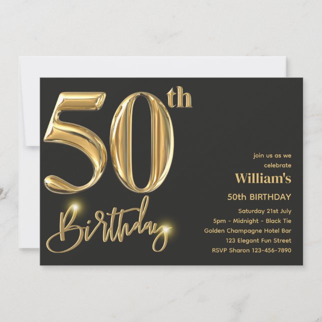 50TH BIRTHDAY INVITATIONS FOR HIM - GOLD ELEGANCE (Front)