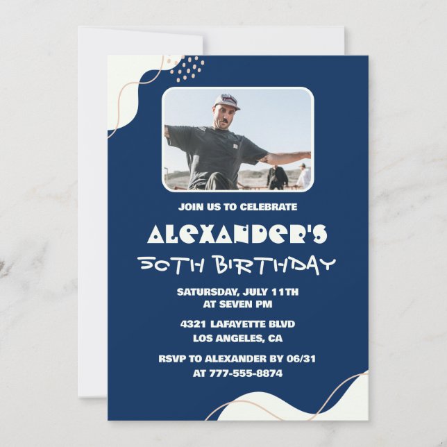 50th birthday invitations Men Photo Simple Blue  (Front)