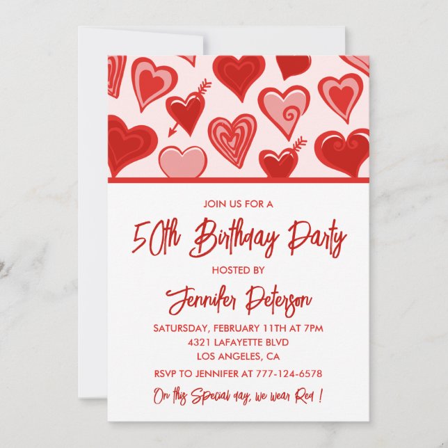 50th birthday invitations Red Pink Hearts (Front)