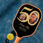 50th birthday keepsake black gold 2 photos name pickleball paddle<br><div class="desc">Trendy funny bold typography 50th birthday personalized photo and name pickleball paddle. Easy to customize with your text and 2 pictures</div>