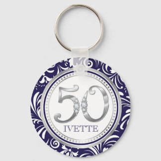 50th Birthday Key Chain-Navy Blue & Silver Keychain