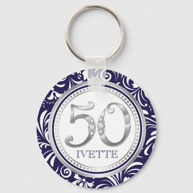 50th Birthday Key Chain-Navy Blue & Silver Keychain (Front)