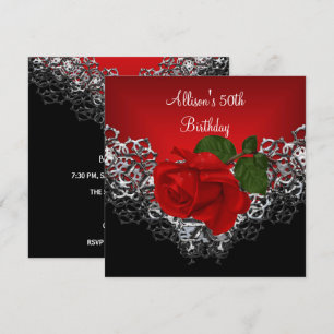 50th Birthday Lace Black Silver Deep RED Rose Invitation