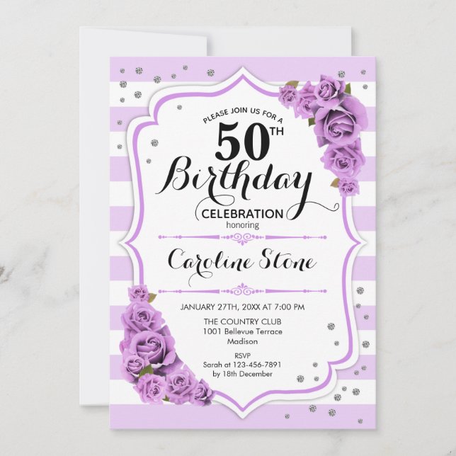 50th Birthday -  Lavender White Purple Flowers Invitation (Front)