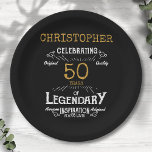 50th Birthday Legendary Black Gold Retro Paper Plate<br><div class="desc">For those celebrating their 50th birthday we have the ideal birthday party plates with a vintage feel. The black background with a white and gold vintage typography design design is simple and yet elegant with a retro feel. Easily customize the text of this birthday plate using the template provided. Part...</div>