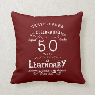 50th Birthday Legendary Red Vintage Name Legend Throw Pillow