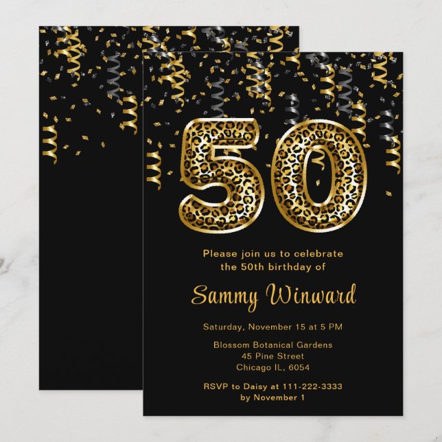 50th Birthday Leopard Print Balloons with Confetti Invitation (Front/Back)