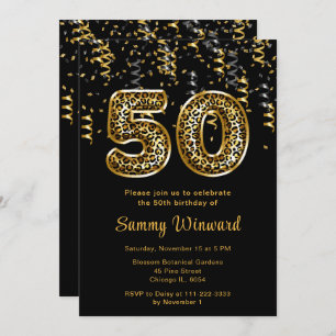 50th Birthday Leopard Print Balloons with Confetti Invitation