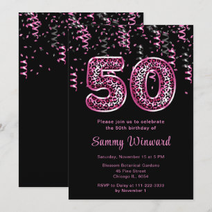 50th Birthday Leopard Print Balloons with Confetti Invitation