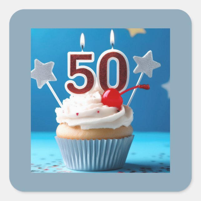 50th Birthday Lighted Candles Cupcake Star Studded Square Sticker (Front)