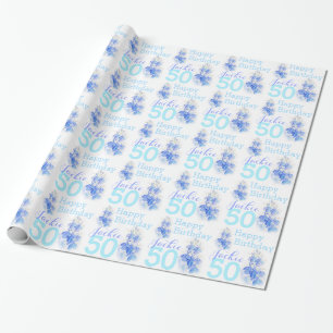 50th birthday Lobelia blue named gift wrap
