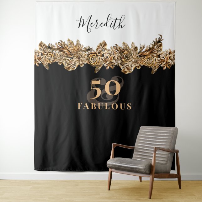 50th Birthday Luxury Golden Flowers Elegant Classy Tapestry (In Situ)