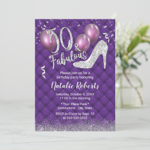 50th Birthday Luxury Purple & Silver Fabulous 50 Invitation