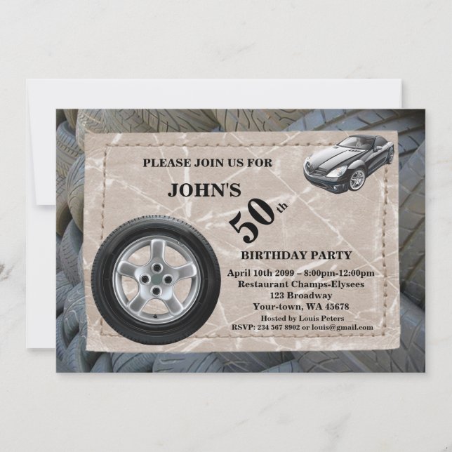 50th,Birthday Man, any age, sport car, tire Invitation (Front)
