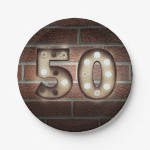 50th birthday marquee sign on brick wall paper plate