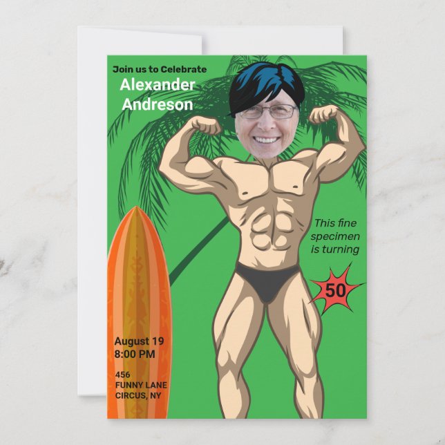  50th Birthday 💪🤣 Mens Funny Bodybuilder Muscle Invitation (Front)
