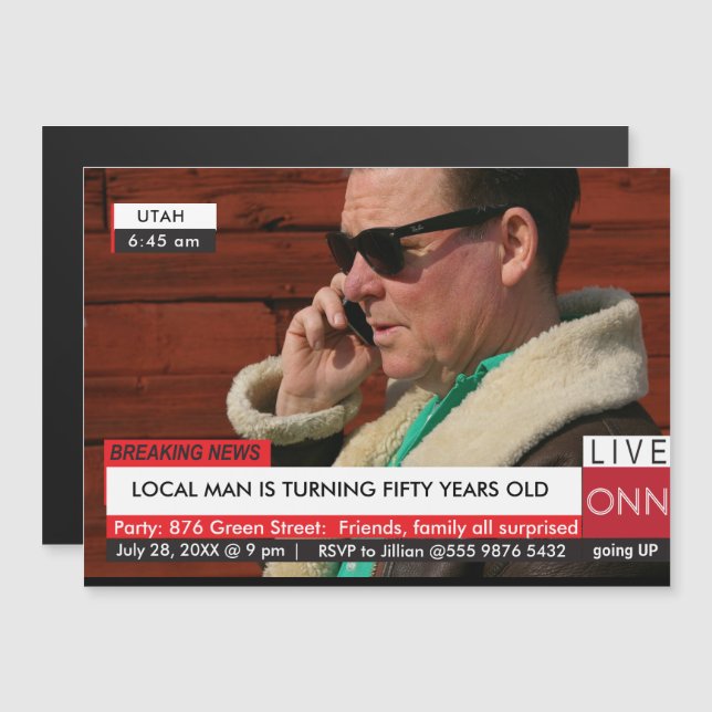 50th Birthday Mens Funny News TV Magnetic Invitation (Front/Back)