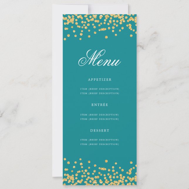 50th Birthday Menu Gold Confetti Teal  Invitation (Back)