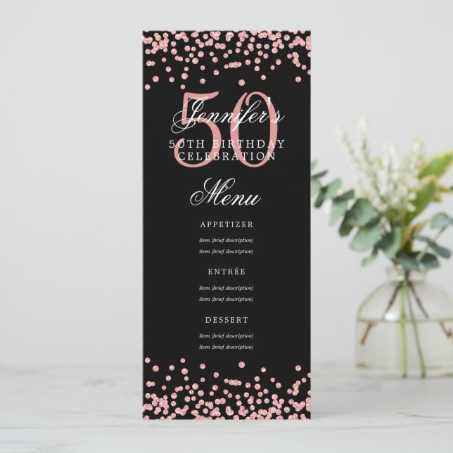 50th Birthday Menu Rose Gold Black Confetti Invitation (Standing Front)