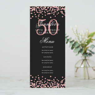 50th Birthday Menu Rose Gold Black Confetti Invitation