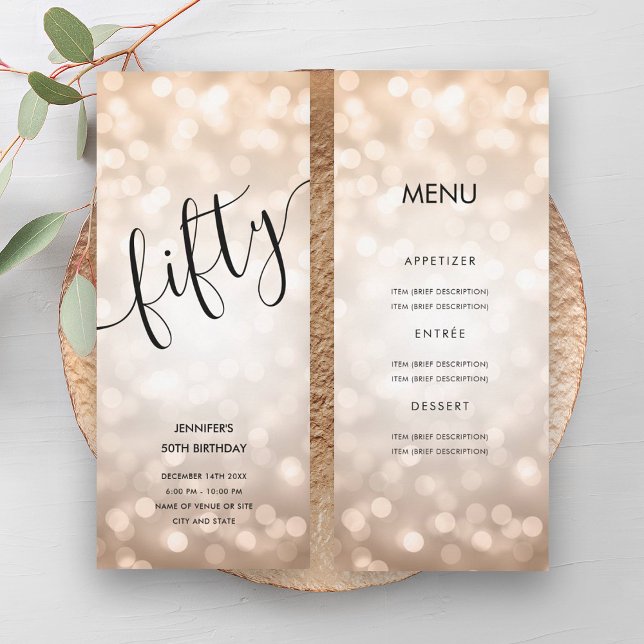 50th Birthday Menu Rose Gold Glitter Lights Invitation (50th Birthday Menu Rose Gold Glitter Lights Invitation)