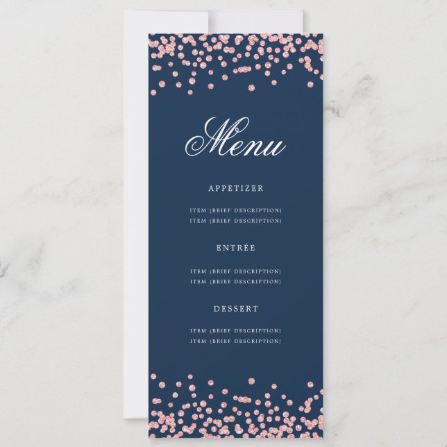 50th Birthday Menu Rose Gold Navy Blue Confetti Invitation (Back)