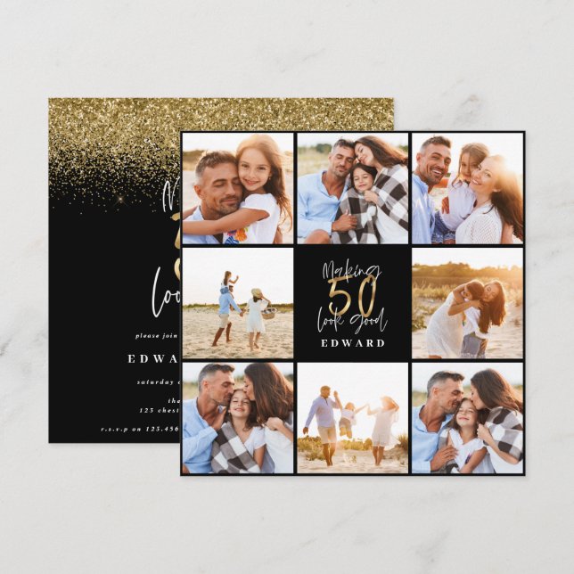 50th birthday modern black and gold photo collage (Front/Back)