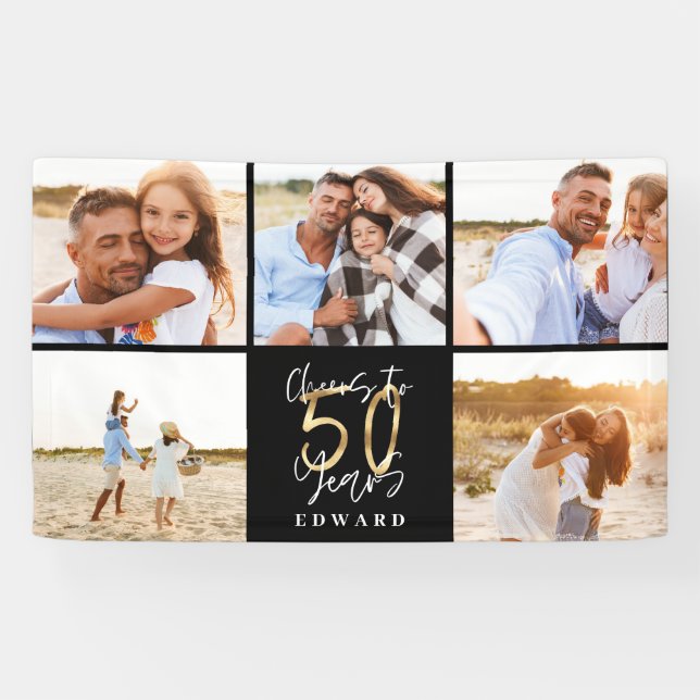 50th birthday modern black and gold photo collage banner (Horizontal)