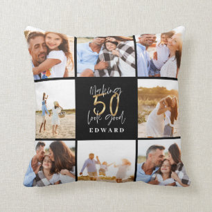 50th birthday modern black and gold photo collage throw pillow