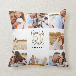 50th birthday modern black and gold photo collage throw pillow