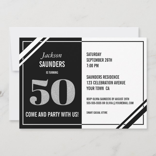 50th Birthday Modern Black and White Party Invitation (Front)