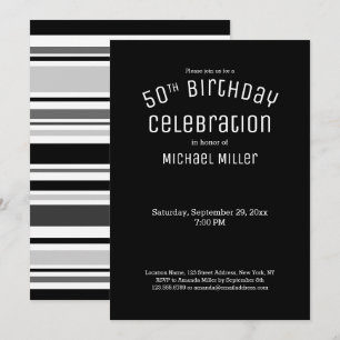 50th Birthday Modern Black White Grey Stripes Invitation
