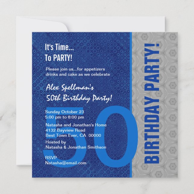50th Birthday Modern Blue and Silver S302 Invitation (Front)