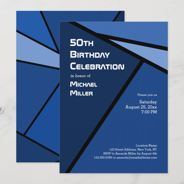 50th Birthday Modern Blue Geometric Shapes Invitation (Front/Back)