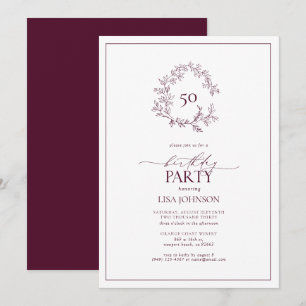 50th Birthday Modern Burgundy Leafy Crest Invitation