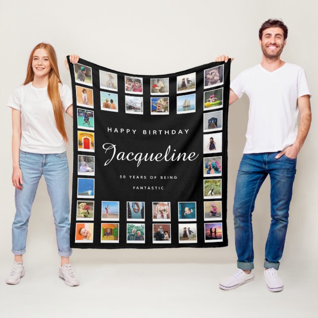 50th Birthday Modern Chic Photo Collage Black Fleece Blanket (In Situ)