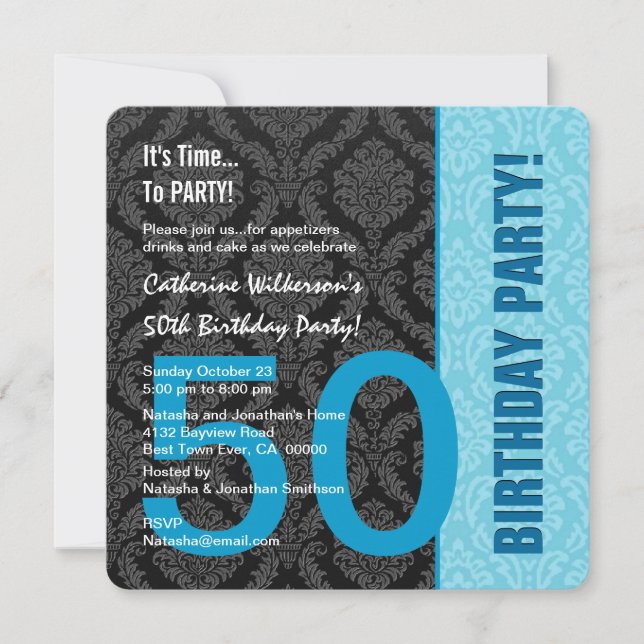 50th Birthday Modern Colour Pattern Blue Damask 1 Invitation (Front)