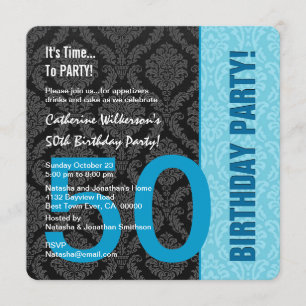 50th Birthday Modern Colour Pattern Blue Damask 1 Invitation