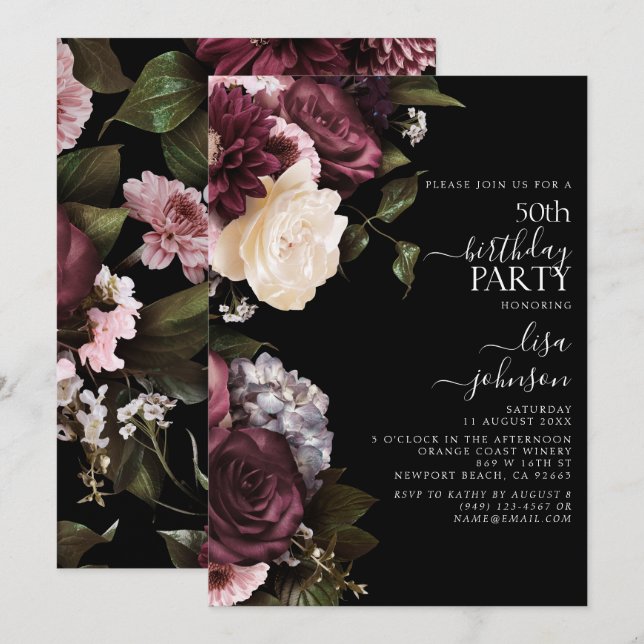 50th Birthday Modern Dark Moody Burgundy Floral Invitation (Front/Back)